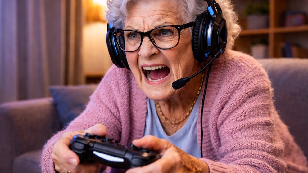 AI-generated image of a senior woman playing video games