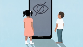 Illustration of two children in front of a secured smartphone.