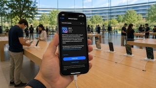 iPhone with iOS 27 update page at Apple headquarters (AI-generated)