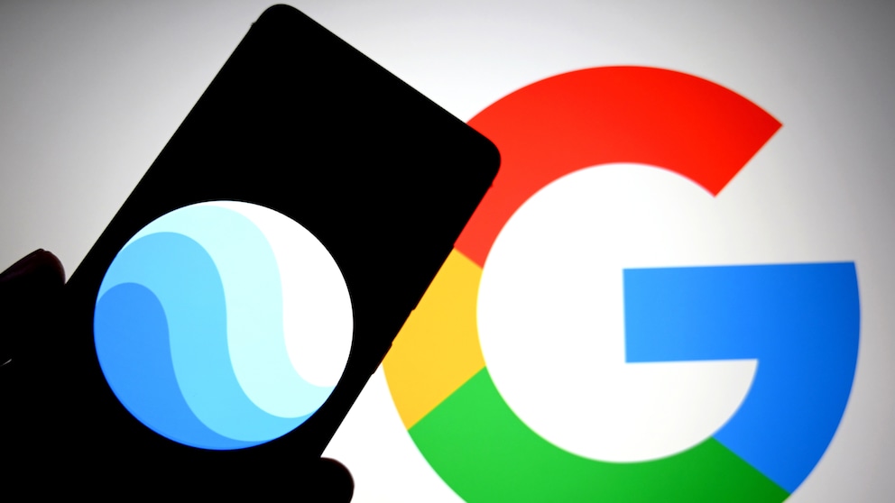 Smartphone with Google Earth logo in the foreground and Google logo in the background.