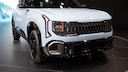 The Kia EV3 in white, viewed from the front.