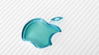 Close-up of a turquoise Apple logo on a white, finely ribbed surface. The logo is slightly transparent and centered in the image.