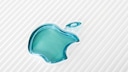 Close-up of a turquoise Apple logo on a white, finely ribbed surface. The logo is slightly transparent and centered in the image.