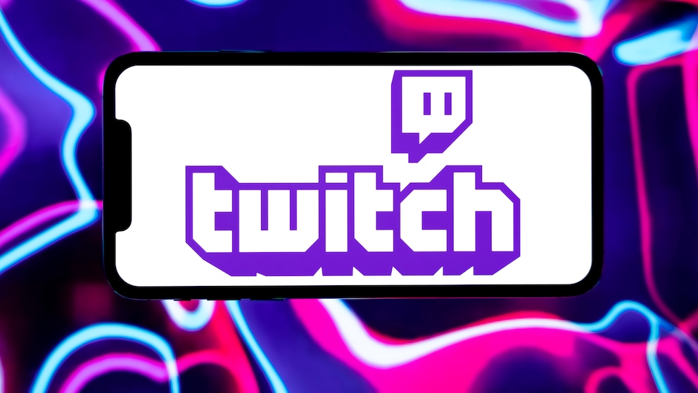 A smartphone in landscape mode against an abstract background in pink, purple, and blue. The screen displays the Twitch logo in violet on a white background. The back features curved neon lines and gradients in various shades of violet, pink, and blue.