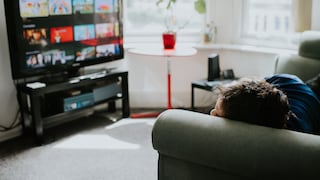 A person is lying on a sofa, looking at a TV in a bright living room. The screen displays various streaming content in a menu view. In front of the window, there's a small round table with a plant in a red pot. Additional furniture and electronic devices are situated next to the sofa and TV. Daylight streams through the large windows into the room.