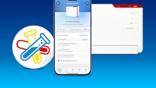 Graphic of FritzOS 8.50 against a blue background. In the center of the image is a smartphone displaying the open MyFritzApp. The screen shows a Fritz!Box 5690 Pro and the "Smart Check" feature. Below, several devices in the home network are listed, including an iPhone, a TV, a computer, a tablet, and a printer. In the foreground on the left is a round symbol with three crossed test tubes in red, yellow, and blue, indicating the Fritz Lab. A blurred white Fritz!Box with red elements is visible in the background.