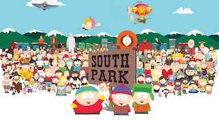 A scene from the animated series "South Park." In the foreground, three main characters stand in front of a large sign reading "South Park." In the background, numerous other characters from the series, along with the snow-covered mountains and buildings of the fictional small town, are visible.