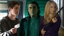 Three people stand side by side indoors. On the left, one person holds a cassette. In the middle, a person wearing a gray sweater and dark coat stands. On the right, a person with long blonde hair holds a shotgun. The background is lit in greenish and bluish tones.