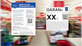 The GARAN label (right) provides information about the warranty period.