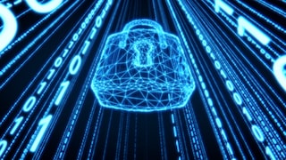 A digital security lock surrounded by binary codes (ones and zeros)