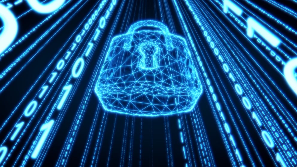 A digital security lock surrounded by binary codes (ones and zeros)