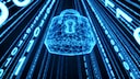 A digital security lock surrounded by binary codes (ones and zeros)