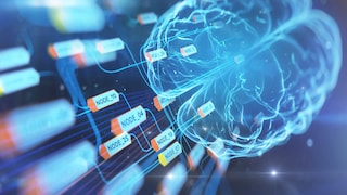 Alt-text: Illustration of a transparent brain depicted in vibrant blue and turquoise tones. Several lines connect the brain to rectangular elements labeled "NODE_10," "NODE_04," "NODE_25," "NODE_30," "NODE_12," "NODE_19," and "NODE_07." The elements are interconnected by thin lines. The background is dark blue with blurred light effects and small light dots.