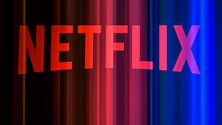 Abstract image of the red Netflix logo against a dark background with vertical light streaks in red, pink, and blue.