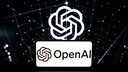 On a laptop screen, the OpenAI logo is displayed multiple times. In the background, glowing lines and dots form a digital network against a black backdrop. In the foreground, a white field with the OpenAI lettering and logo appears. The laptop's keyboard is visible at the bottom edge of the image.