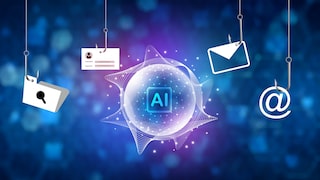 Graphical Representation of AI-Powered Phishing: In the center, a glowing AI symbol surrounded by email, login, and search icons on fishing hooks against a blue background