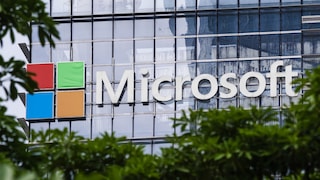 Microsoft logo and white Microsoft lettering on the glass facade of an office building. In the foreground, blurred green leaves and branches partially obscure the lower and side areas of the image.