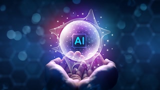 Two human hands hold a glowing purple sphere. In the center of the sphere, the letters "AI" are visible.