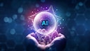 Two human hands hold a glowing purple sphere. In the center of the sphere, the letters "AI" are visible.