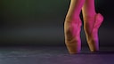 Close-up of a ballet dancer's feet and lower legs in nude tights and pink pointe shoes. The dancer stands on the tips of her shoes, with her feet slightly offset. Pink light illuminates the legs and shoes against a dark background.