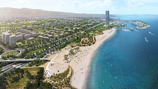 Beach promenade with futuristic houses in the future Ellinikon