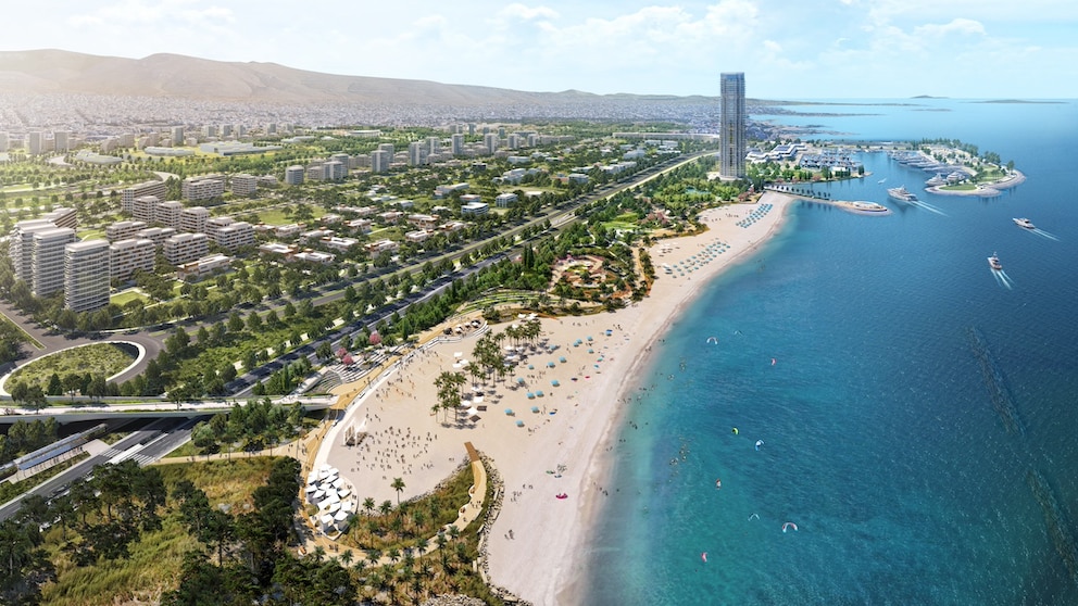 Beach promenade with futuristic houses in the future Ellinikon