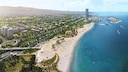 Beach promenade with futuristic houses in the future Ellinikon