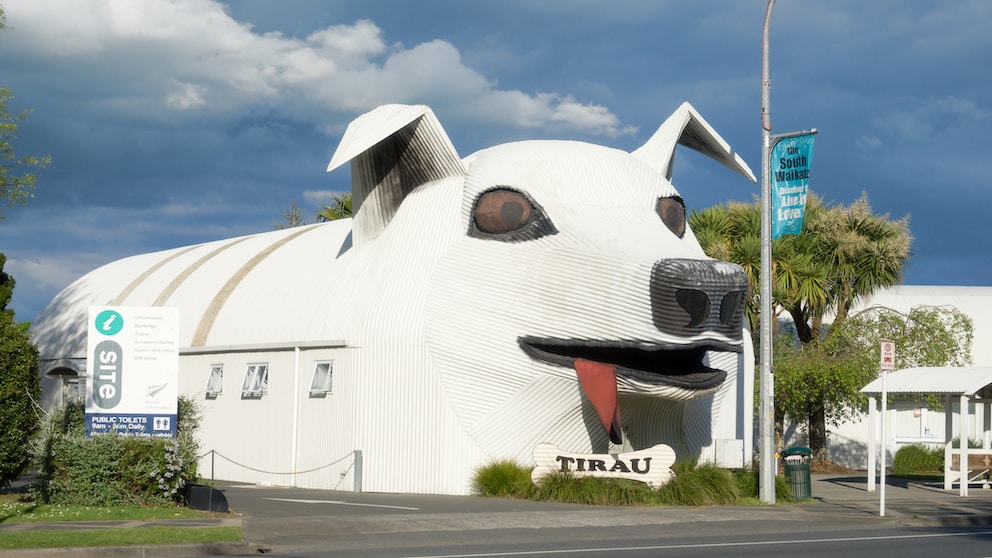 This cute dog made of corrugated iron is a visitor center: the i-SITE Visitor Centre in Tirau, New Zealand.